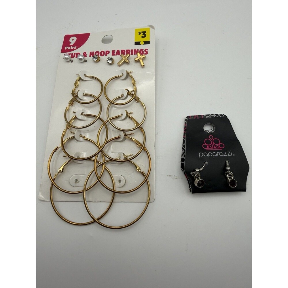 10 Pair Costume Earrings Lot Gold Tone Hoops Studs Cross Paparazzi Rhinestone